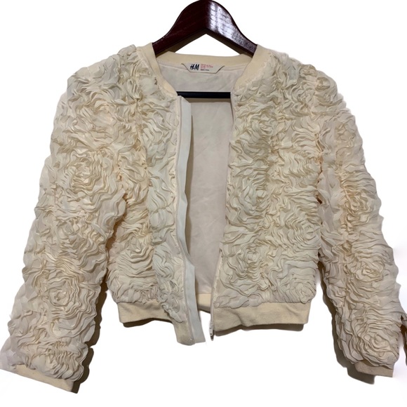 H & M Girls Rosette & Ruffle Cream Bomber Jacket - Picture 3 of 5